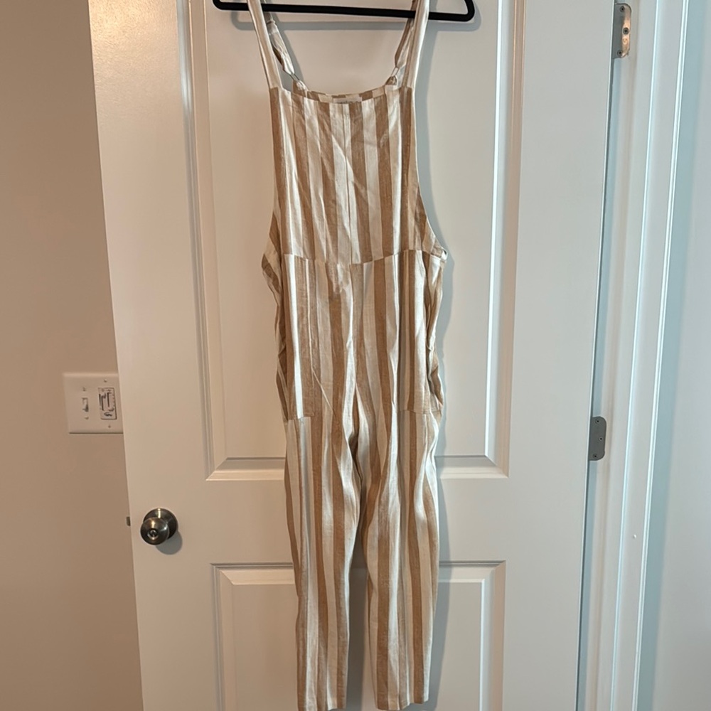 Vestique Tan and White Striped Jumpsuit with Elastic Waist